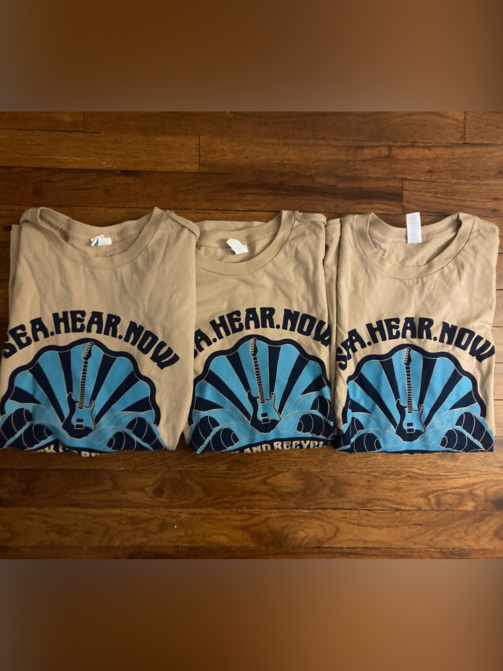 Beige Short Sleeve Graphic Tee with Blue Guitar Motif